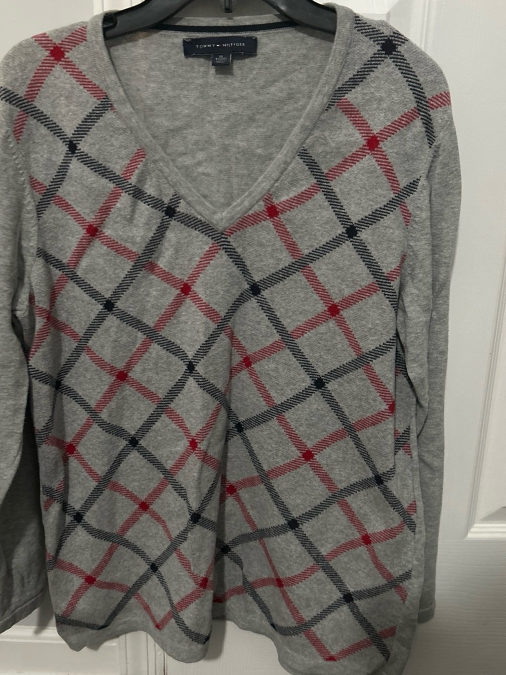 Tommy Hilfiger Gray V-Neck Sweater with Red & Navy Argyle